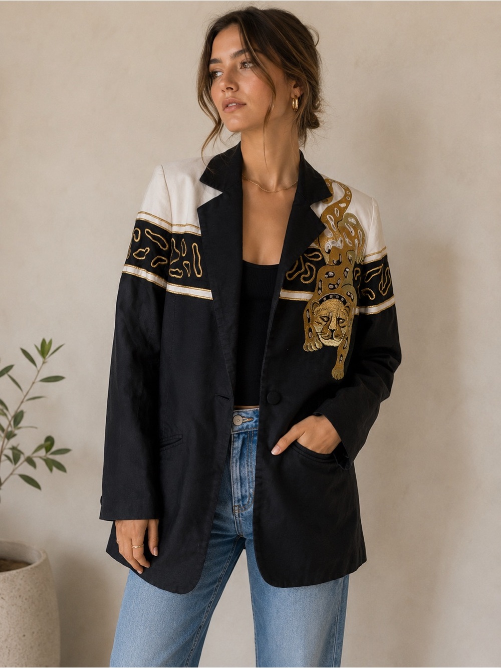 Vintage Lew Magram Leopard Black Gold Statement Embroidered Blazer size 8